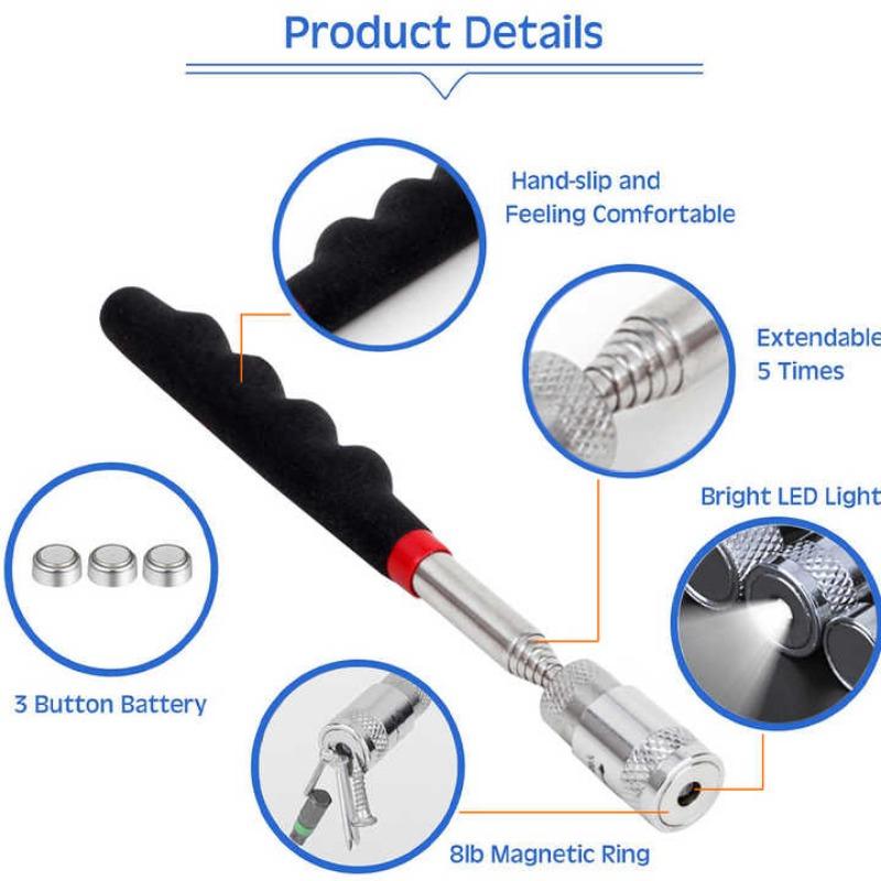Metal 25810LB Pickup Stick Portable Metal Suction Stick Retractable Magnetic Pickup Auto Repair Tool with Light Magnetic Rod
