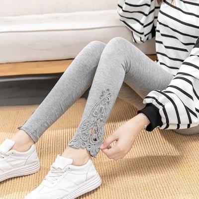 Leggings skinny com painel de renda floral, leggings elásticas casuais para todos os dias, roupas femininas