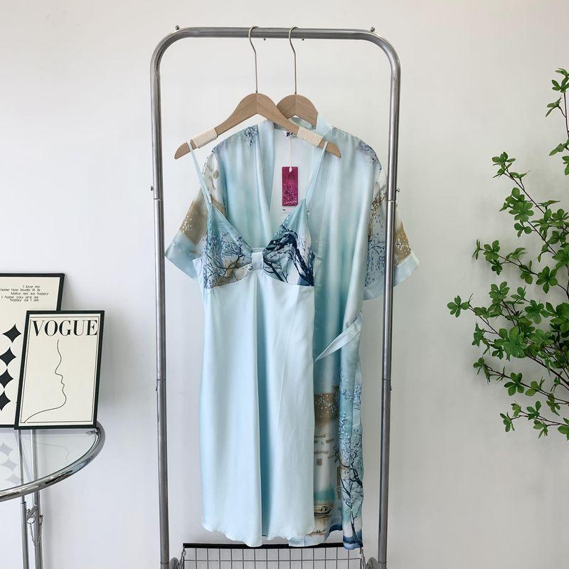 Japanese Style Kimono Pajamas Women's Summer Thin Ice Silk Short Sleeve Bathrobe Sexy Two-Piece Sling Homewear Can Be Outwear
