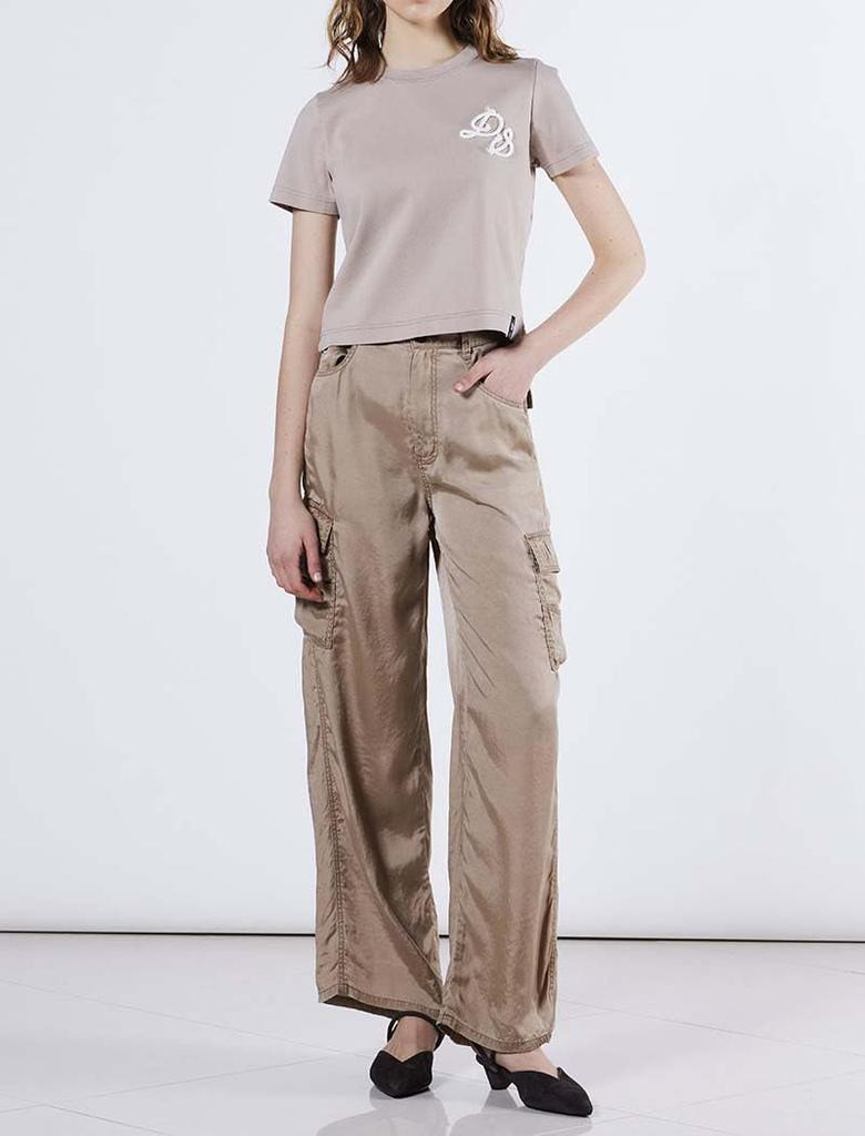 Double Standard Clothing Beige Cursive DS Logo Embroidered Women's T-Shirt (0208-000-253)