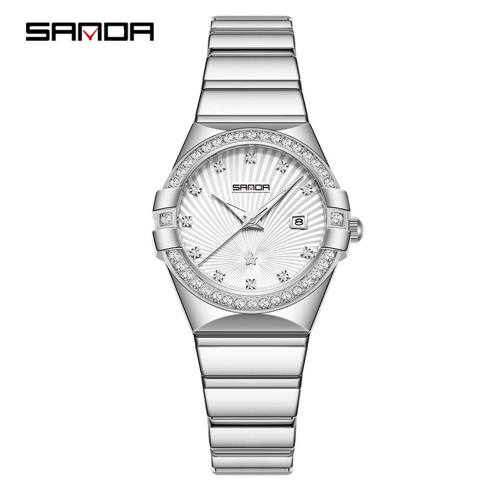 SANDA Women's Waterproof Luminous Quartz Watch with Sunray Dial and Diamond Set Markers