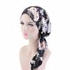 Muslim Women Pre-Tied Hat Inner Hijab Cancer Chemo Cap Flower Print Turban Headwear Bandana Long Tail Headscarf Beanies Bonnet
