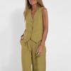 Women Suit Cotton Linen Long Pants Sleeveless Vest Set V-neck Wide Leg Casual Set Outfit