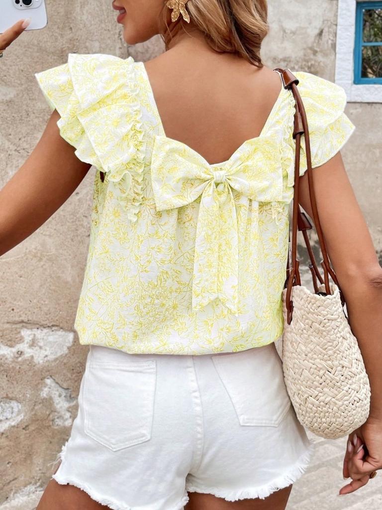 Women's Printed Summer Fashion Back Bow Tiered Ruffled Short Sleeve Shirt