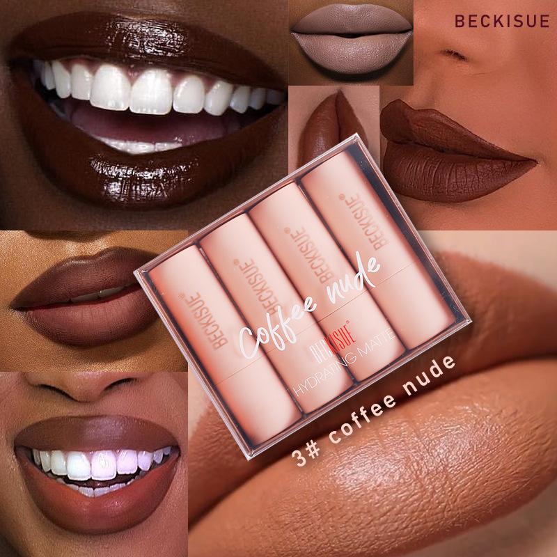 Beckisue Nude Matte Velvet Lipstick Set Coffee Peach Violet Creamy Texture 4pcs