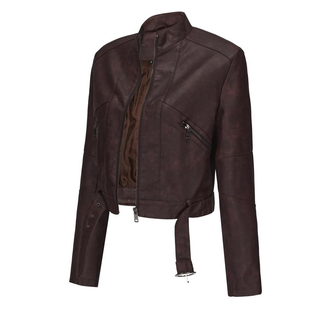 New Women's Motorcycle Style Leather Jacket with Belt Long Sleeve Zipper Jacket Spring and Autumn Leather Jacket