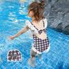 2025 Girls' One-Piece Swimsuit - Black & White Flying Birds with Bowknot and Lace