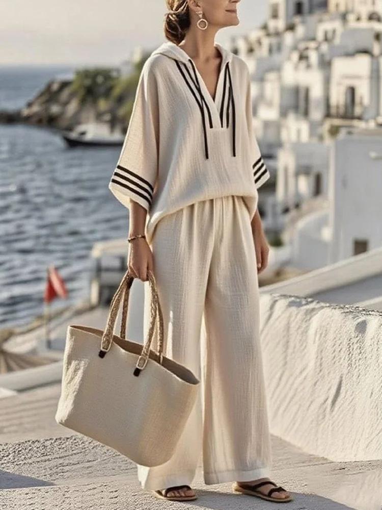 Women Striped Trim Hooded Top and Wide Leg Pants Set Casual Loose Fit S белый
