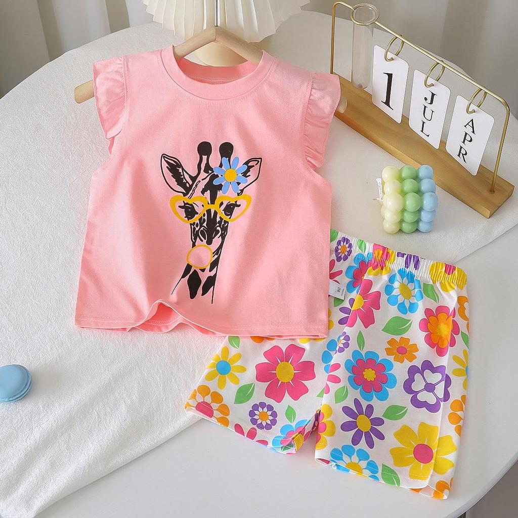 Girls' Summer Flutter Sleeve Top & Shorts Set - Korean Style Two-Piece Children's Outfit