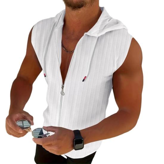 

Men Hooded Zip-up T-Shirt Jacquard Sleeveless Hoodie Tee Stylish Textured Summer Tank Top for Gym Street Party Holiday S белый