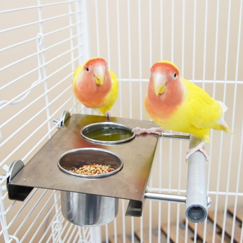 Stainless Steel Parrot Feeders With Double Cup Standing Perch Platform For Cage Bird Rabbits Ferrets Watering Feeding Use
