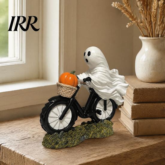 Cute Ghost Riding Bicycle Statue Halloween Motorcycle Figurine, Novelty Rider Resin Figurine for Decoration with Pumpkin Indoor Home Desk Tabletop