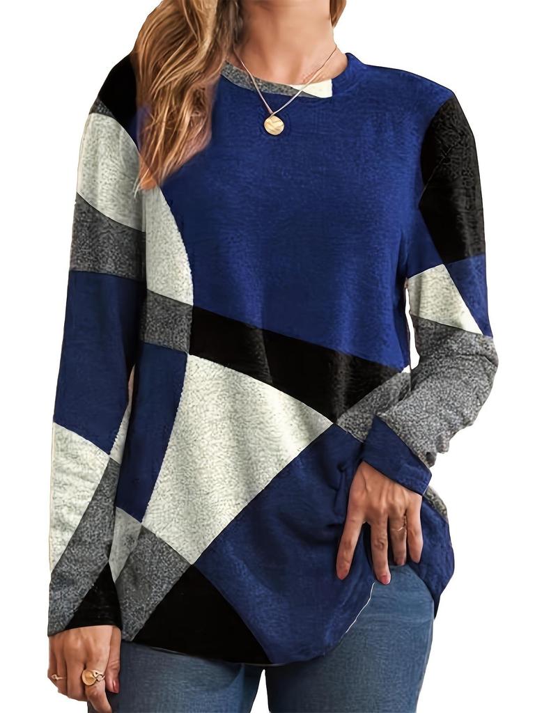 Plus Size Women's Color Block Geometric Print Long Sleeve Top - Multiple Colors, Spring/Autumn Style