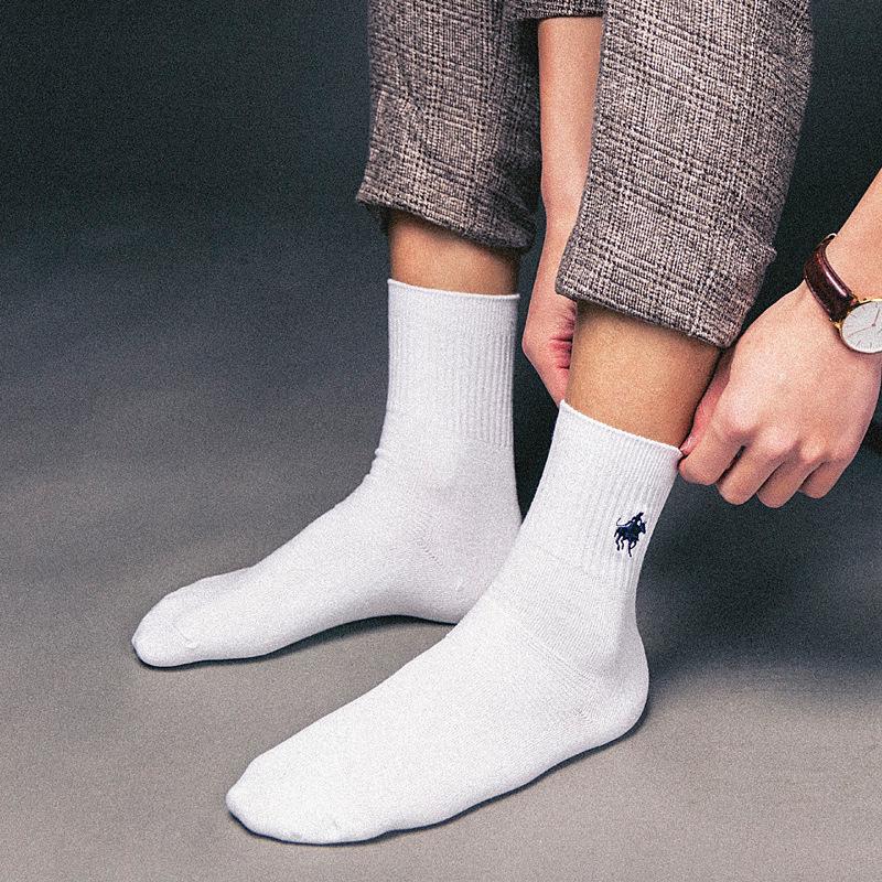 Pierpolo Men's Mid-Calf Double Needle Cotton Socks - Solid Color, Combed Cotton, Loose Fit, Embroidered Design for Autumn and Winter.