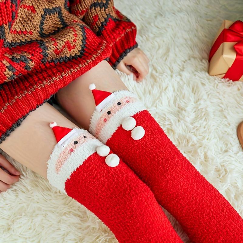 1 Pair of Santa Claus Knee-High Coral Velvet Warm Christmas Socks