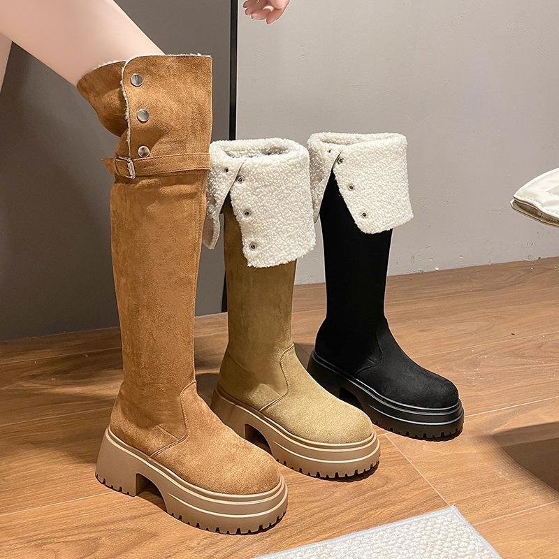 Thick heels and thick soles wear rad over the knee long boots high boots autumn and winter big tube circumference two folds new beautiful woman black