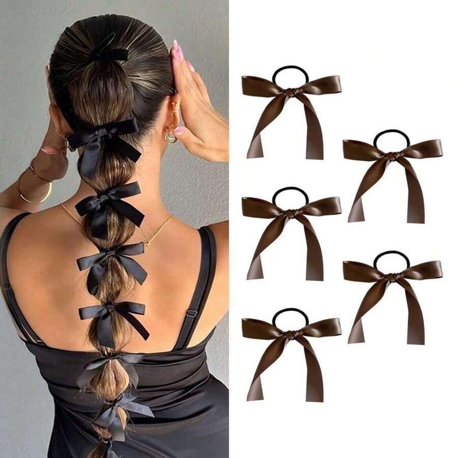 5Pcs Women Double Ponytail Hair Accessory Style Fashionable and Cute Black Bow Hair Tie Ballet Style Retro Ribbon Headband