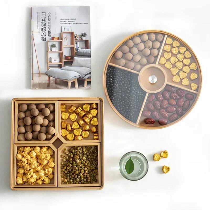 Wooden Bamboo Partition Tray With Cover Nuts Dried Fruit Candy Holder Party Indoor Outdoor Appetizer Food Serving Plate Supply