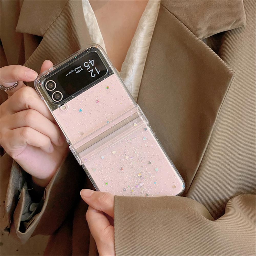 Y2K Cute Glitter Love Heart Transparent Case For Samsung Galaxy ZFlip 5 Z Flip6 Z Flip3 Z Flip 4 5G Clear Hard Protective Cover