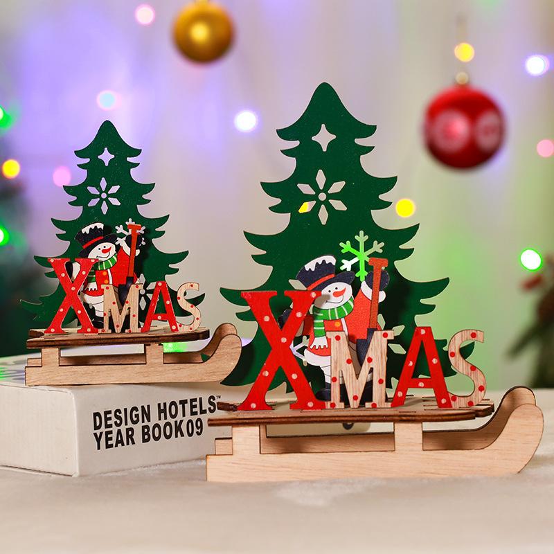 Christmas Decorations Wooden Painted Assembled DIY Sleigh Car Ornaments Santa Claus Christmas Tree Small Gifts