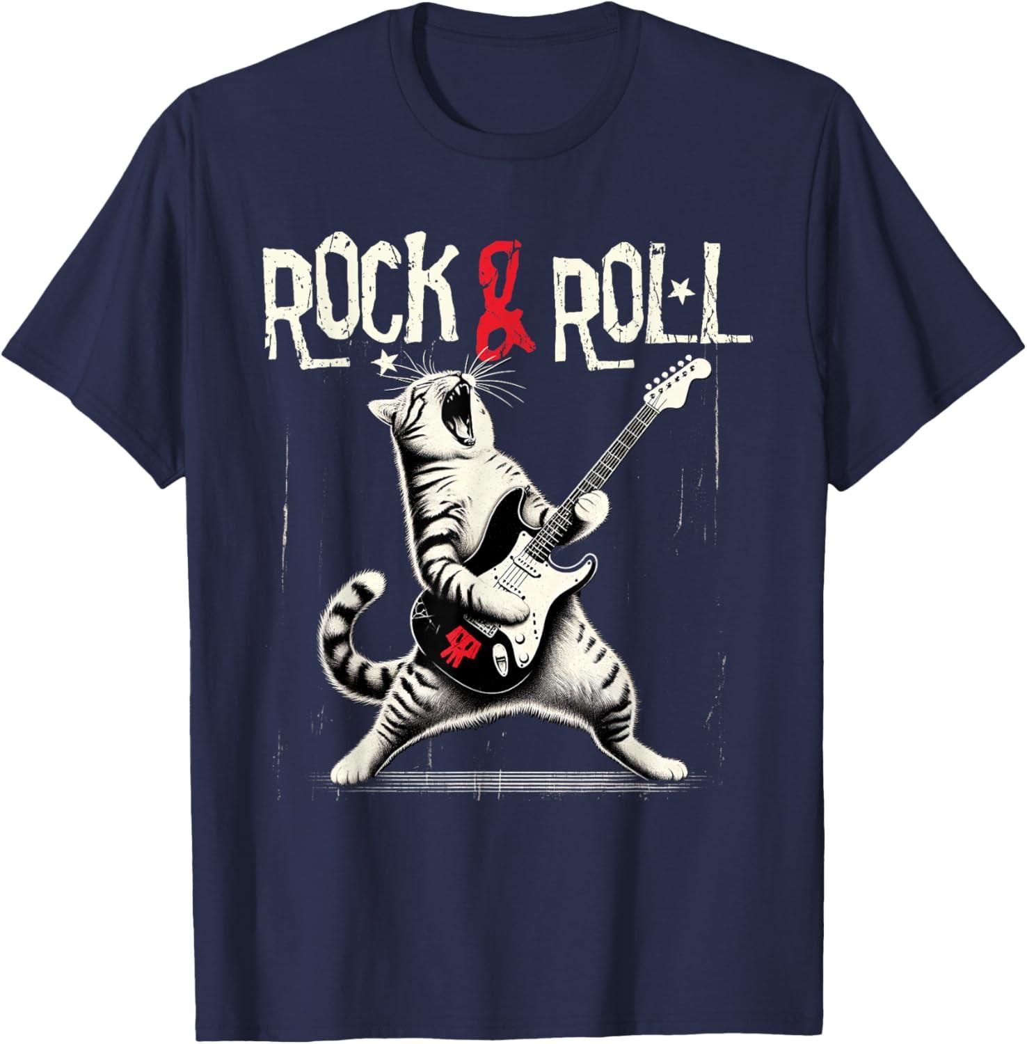Rock and Roll Guitar ROCK Music Vintage Cat Playing Guitar Unisex T-Shirt L