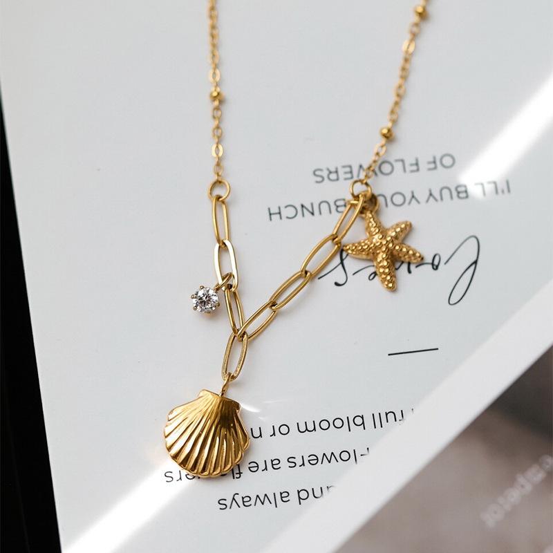 Luxury Gold Shell Starfish Rhinestone Necklace Women Collarbone Chain Short Style Jewelry