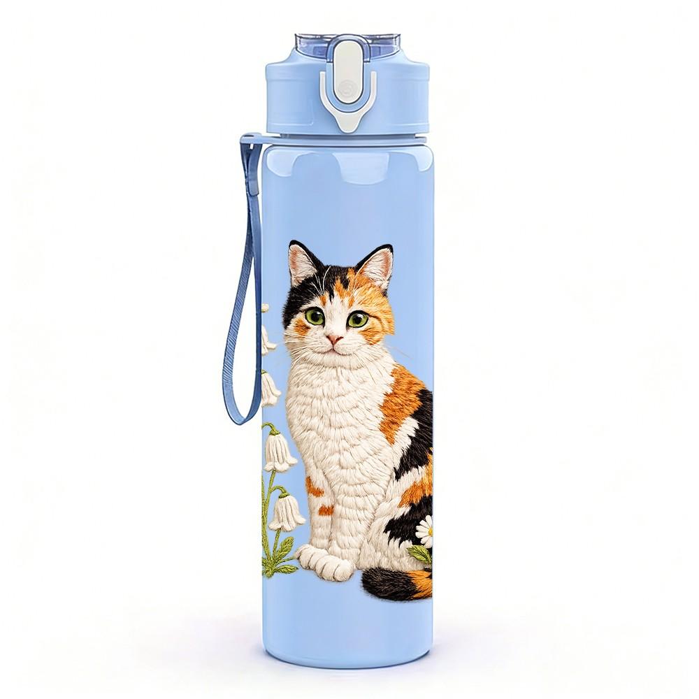 1PC Tabby Cat Green Plant Leaf Print 750ml Color Plastic Sports Water Bottle Leakproof Flip Straw Lid Suitable for Sports Office Home Use