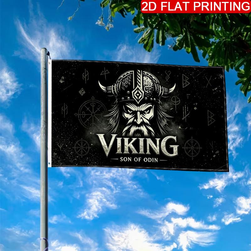 2D Flat, Single Large Flag Viking Warrior Horn Helmet Rune Dark Vintage Art Print (2) 2D Flat Print Festival Design, Single-Sided, Two Hanging Rings,
