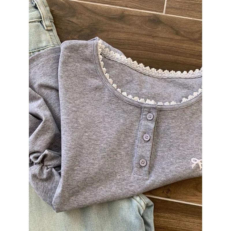 Women Lace Trim U-neck T-shirt Short Sleeve Side Ruched Casual Solid Color Tee with Bow Embroidery