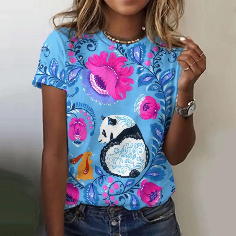 Summer Round Neck 3D Animal Flower Pattern Print Top Fashionable Casual Short Sleeved Women's T-shirts