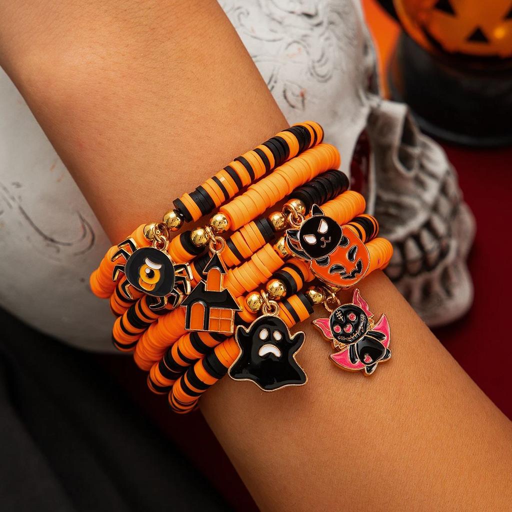 SHIXIN 6Pcs Halloween Spider Bat Ghost Pendant Bracelet Set for Women Men Gothic Soft Ceramic Bead Bangles Halloween Accessories