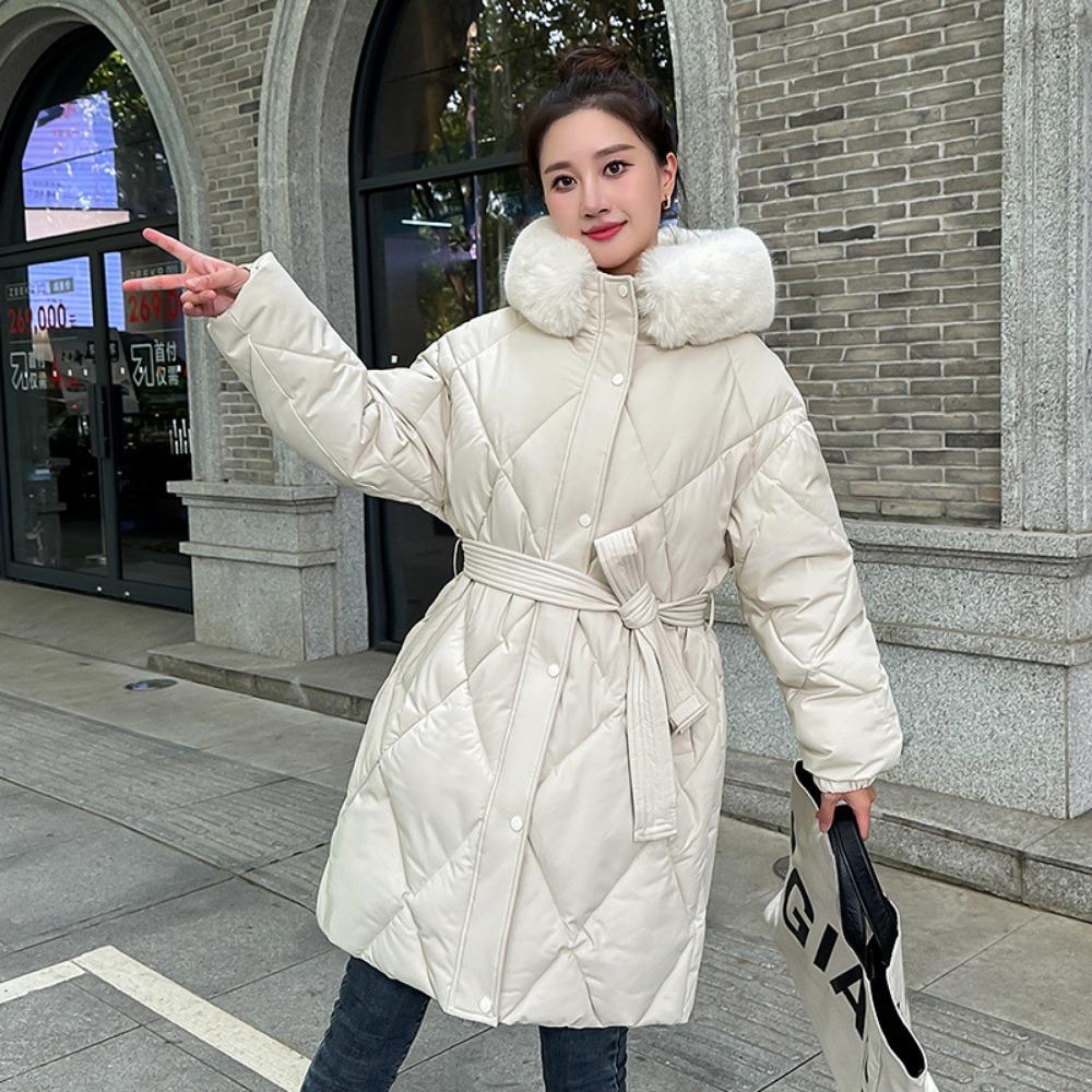 

Флисовая куртка из овечьей шерсти с большим меховым воротником, ромбовидной стежкой на талии, тонкая пуховая хлопковая куртка средней длины XXL белый