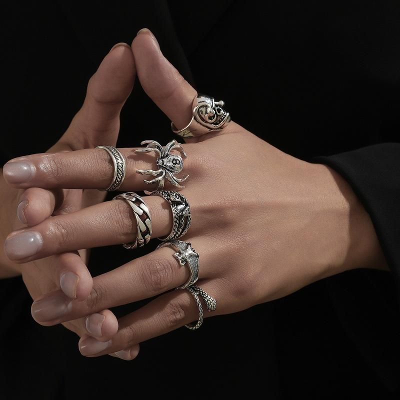 New European and American Creative Dark-themed Ring Set with Unique Designs of Spider, Bat, Snake, and skull7Adjustable Ring Set