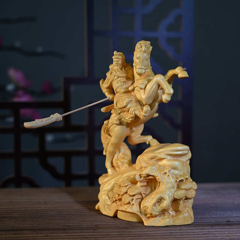 Wood Carving Riding a Horse Guan Gong God of Wealth Statue Chinese Mythological Figure Home Room, Office Decoration Accessories