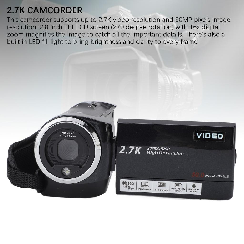 2.7K Camcorder Professional 2.8 Inch Screen HD 50MP 16x Digital Zoom Vlogging Camera for Outdoor Tra