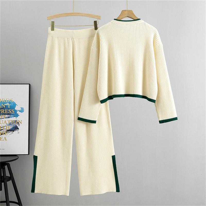 Knitted Set Women's Autumn Short Sweater Wide Leg Pants Two Piece Set