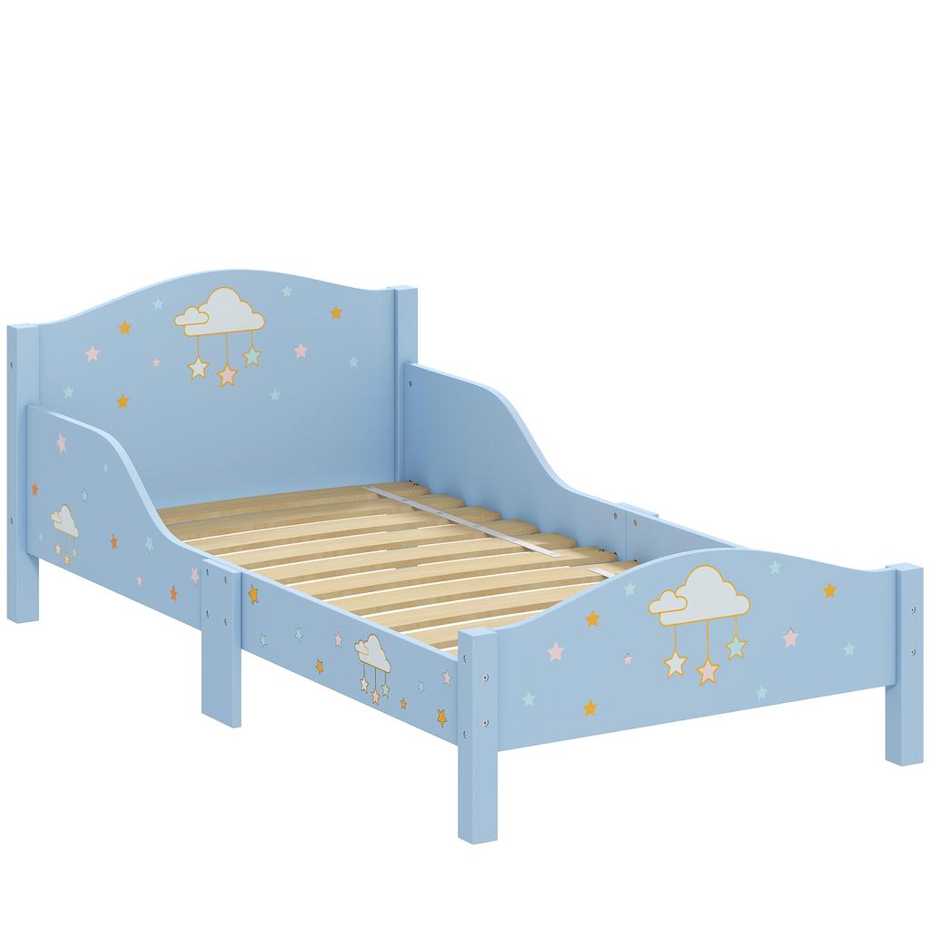 Children's Bed, 70 x 140 cm, Safety Rail, Cloud Pattern, Blue