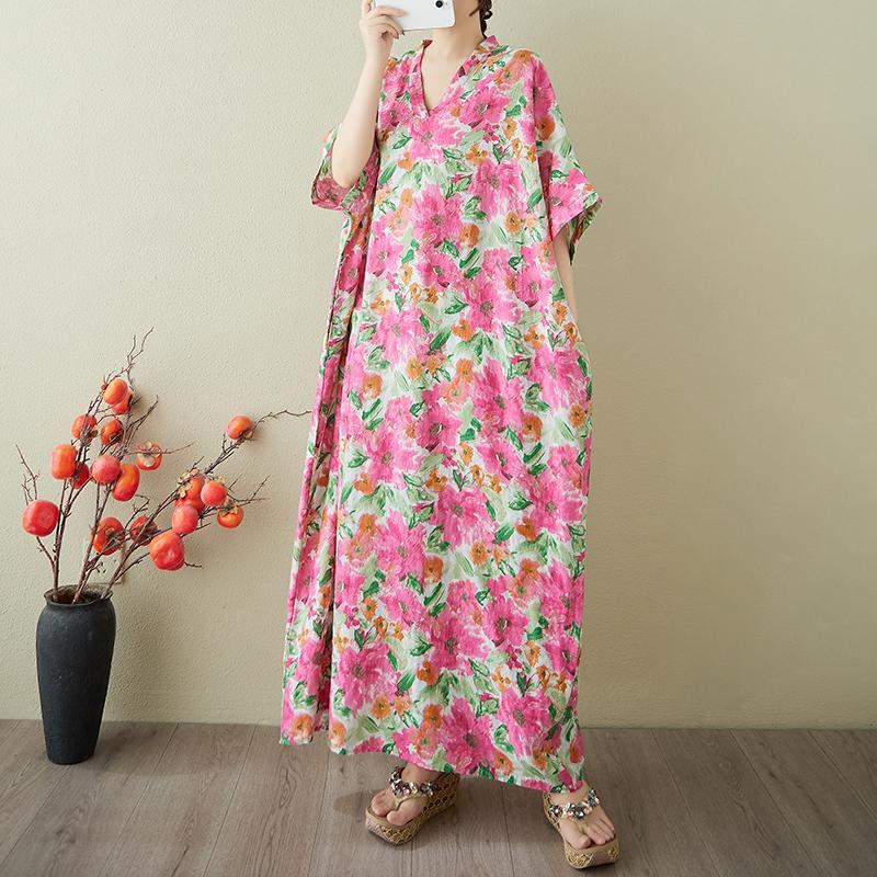 

DIMANAF 2025 Лето Большой Размер Новое Платье Женщины Винтажное Длинное Повседневное Свободное Базовое Платье Макси с Принтом и V-образным Вырезом One Size