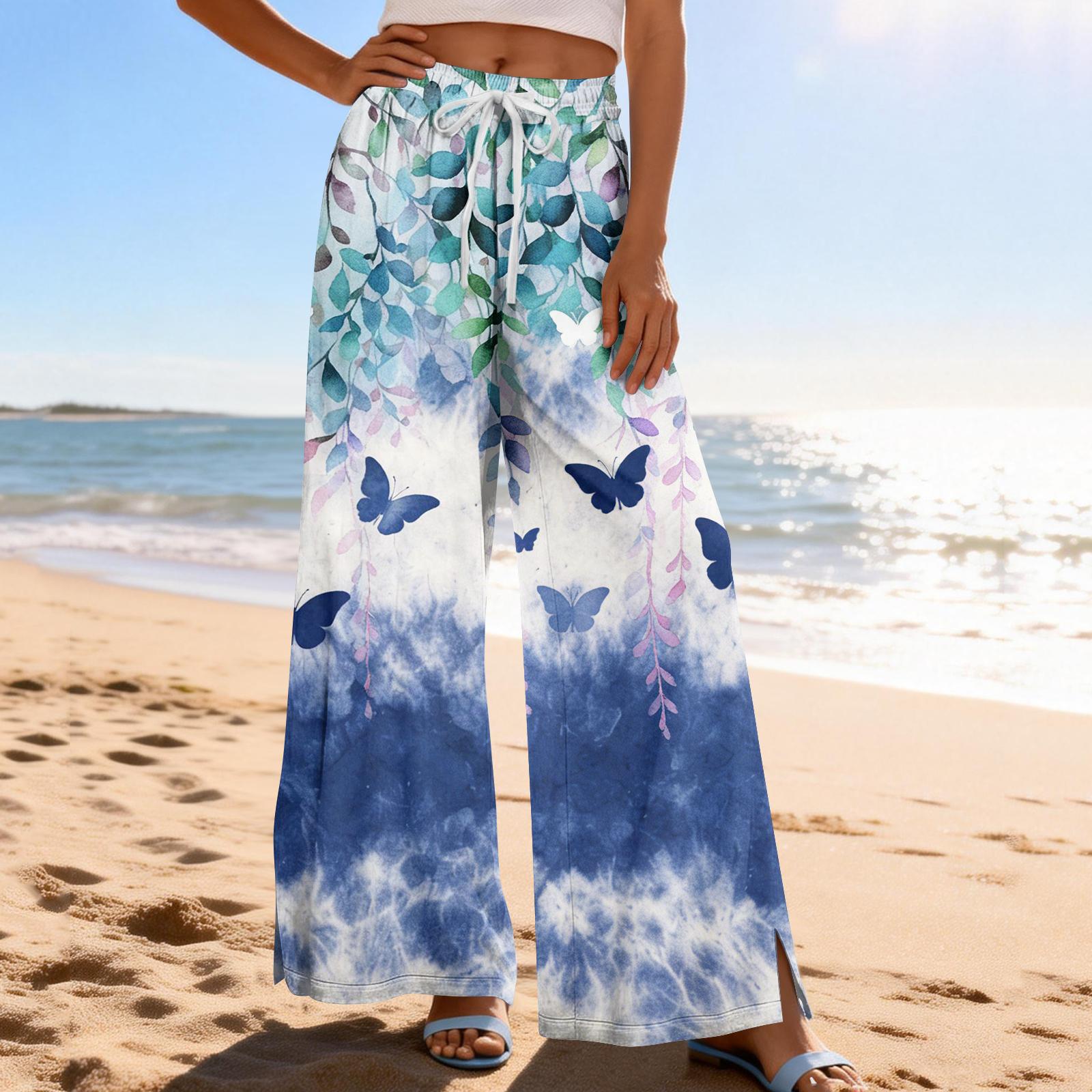 

Women Summer Boho Palazzo Pants High Waist Wide Leg Printing Casual Trousers With Pockets L синій