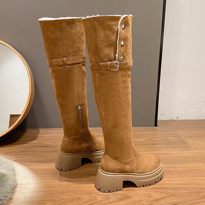 

Skinny over-the-knee boots for women, snow boots, thickened and velvet, small height-increasing western boots, brown tall knight boots. 35