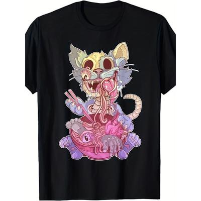 Taglie Europee T-Shirt Gotica Kawaii con Grafica di Gatto da Uomo - Maglietta Grafica Ispirata agli Anime con Bel Disegno Camicia Casual Comoda a Maniche Corte per Uomo