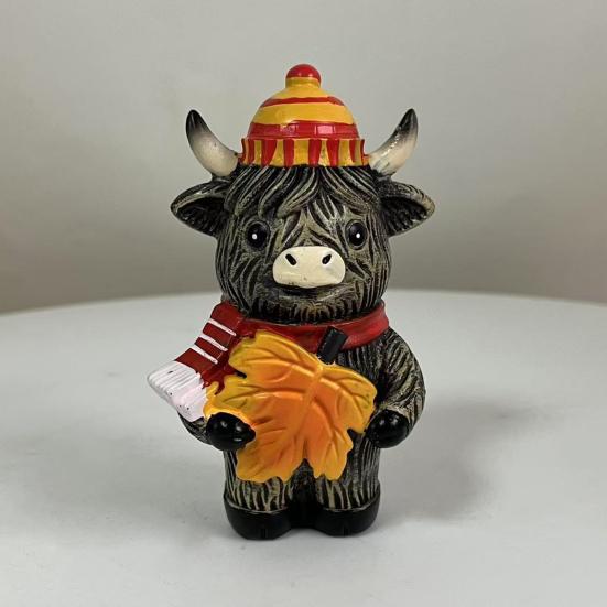 Halloween Hochlandkuh Harzfigur Ornament Schottisches Kultursymbol Handgefertigt Kürbis Ahornblatt Kuh Statue