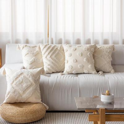 Bohemian 3D Pom-Pom Tassel Pillow Cover with Geometric Embroidery