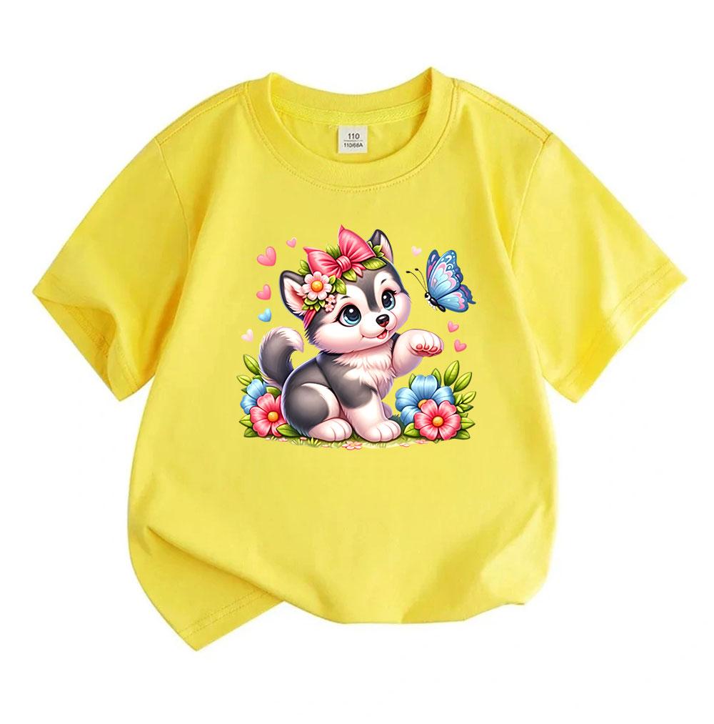 Kids Boys Girls 100% Cotton Crew Neck Short Sleeve T-Shirt, Cute Husky Puppy with Bow Flower Butterfly Print Casual Soft Summer Tee Tops for Children