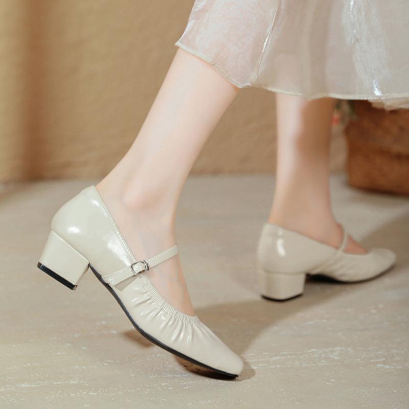 Korean Grandma Shoes Niche Wrinkled Square Toe Women's Shoes Thick Heel Mary Jane Shoes Casual Shallow Mouth Single Shoes