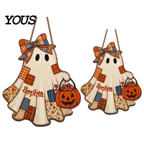 Seasonal Wall Hanging for Parties Halloween Wooden Patchwork Ghost Pendant, Vintage Autumn Harvest Sign, Cute Farmhouse Style Ornaments