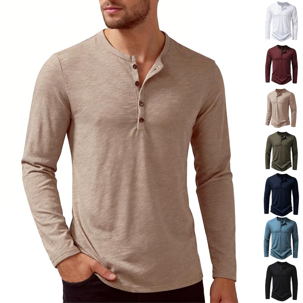 Men's Long Sleeve Henley Shirt Casual Lightweight Pullover Crew Neck Soft Knit Top with Button Front Design for Daily Wear