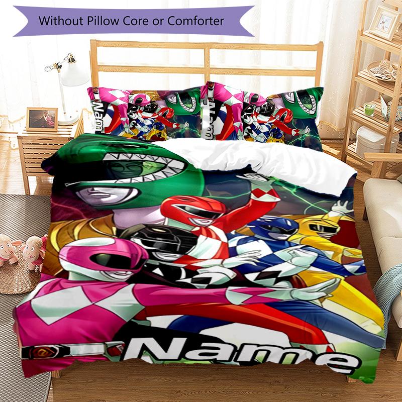 Ensemble de literie 3 pièces Nom personnalisé Dessin animé Mighty Morphin Power Rangers Housse de couette Fermeture Comprend 1 housse de couette et 2 taies d'oreiller Pour toutes les saisons Chambre D