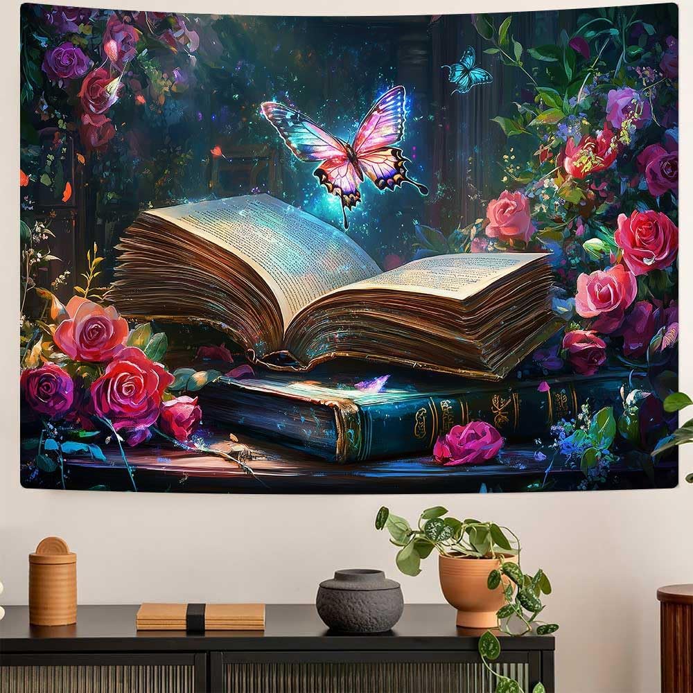 Magic Book Tapestry Pink Floral Dreamlike Butterflies Wall Hanging Tapestries for Bedroom Living Room College Dorm Aesthetic