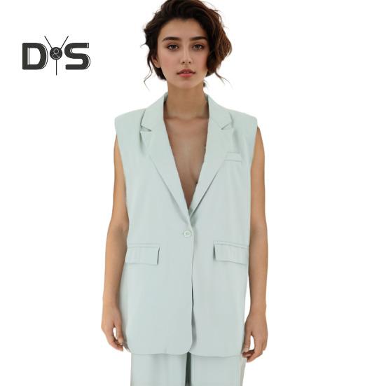 2 Pcs/Set Women Coat Pants Set Lapel Single Button Mid Length Cardigan Sleeveless Jacket Wide Leg High Waist Straight Trousers Lady Formal Commute